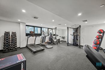 Well-equipped fitness center with assortment of medicine balls, free weights, treadmills, and universal exercise equipment